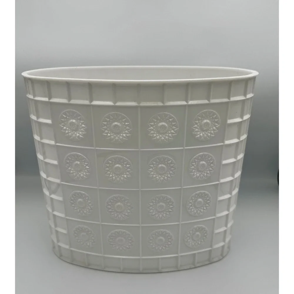 Vintage MCM Starburst Wastebasket Festival Reflections White Plastic Trash Can